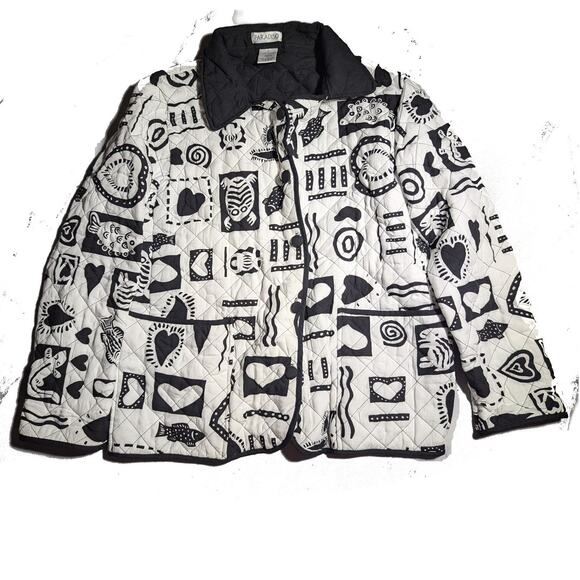 Vtg 1990s Paradiso White Black Quilted Tropical Heart Button Up Jacket Sz L - Picture 1 of 3